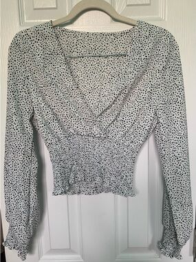 Polka Dot Long-Sleeve V-Neck Peplum Top - White/Black